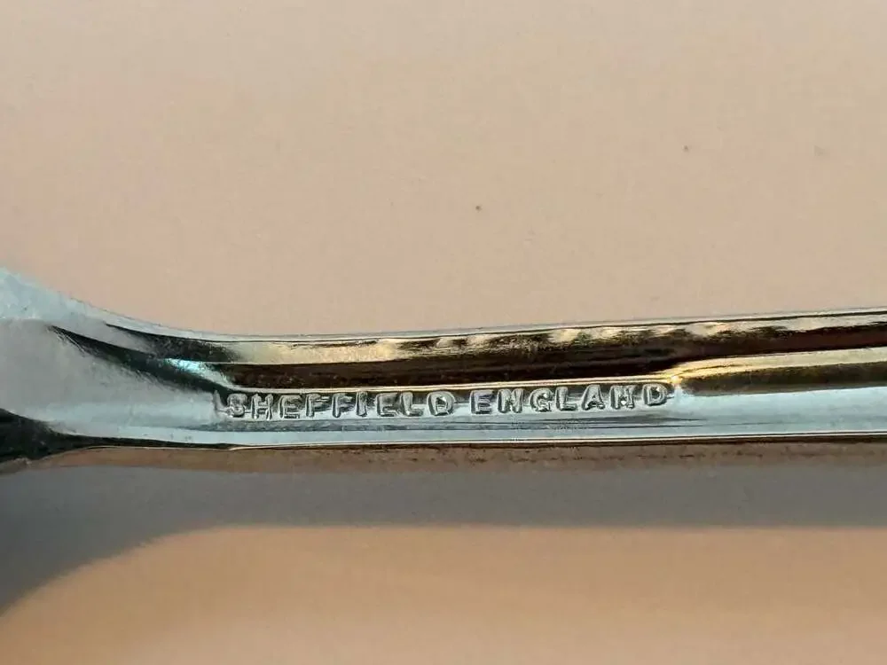Vintage Sheffield England Serving Spoon, Porcelain Floral Handle